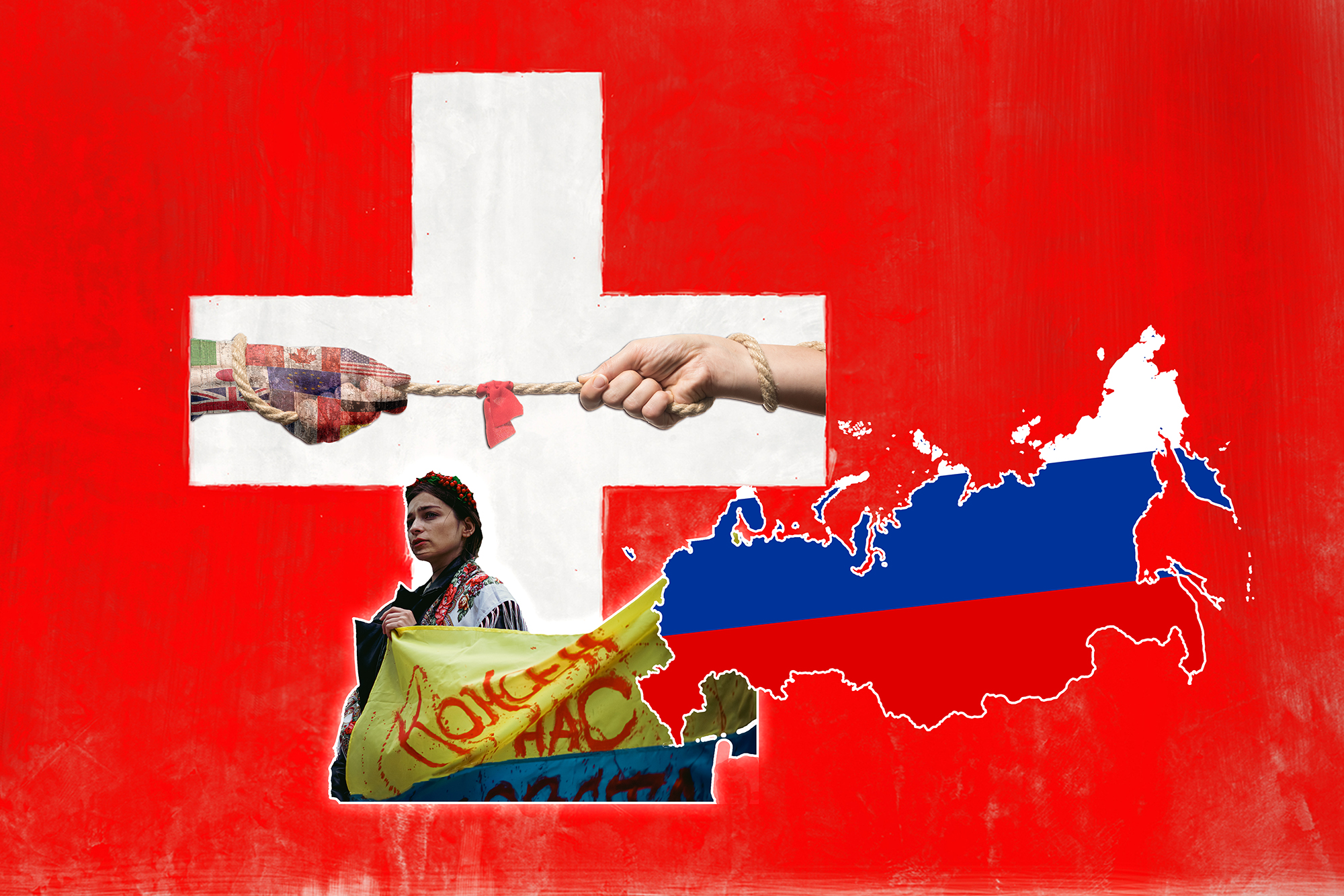 Painted of the Swiss cross. A hand painted with G7 flags in tug of war. A Ukranian protestor map of Russia