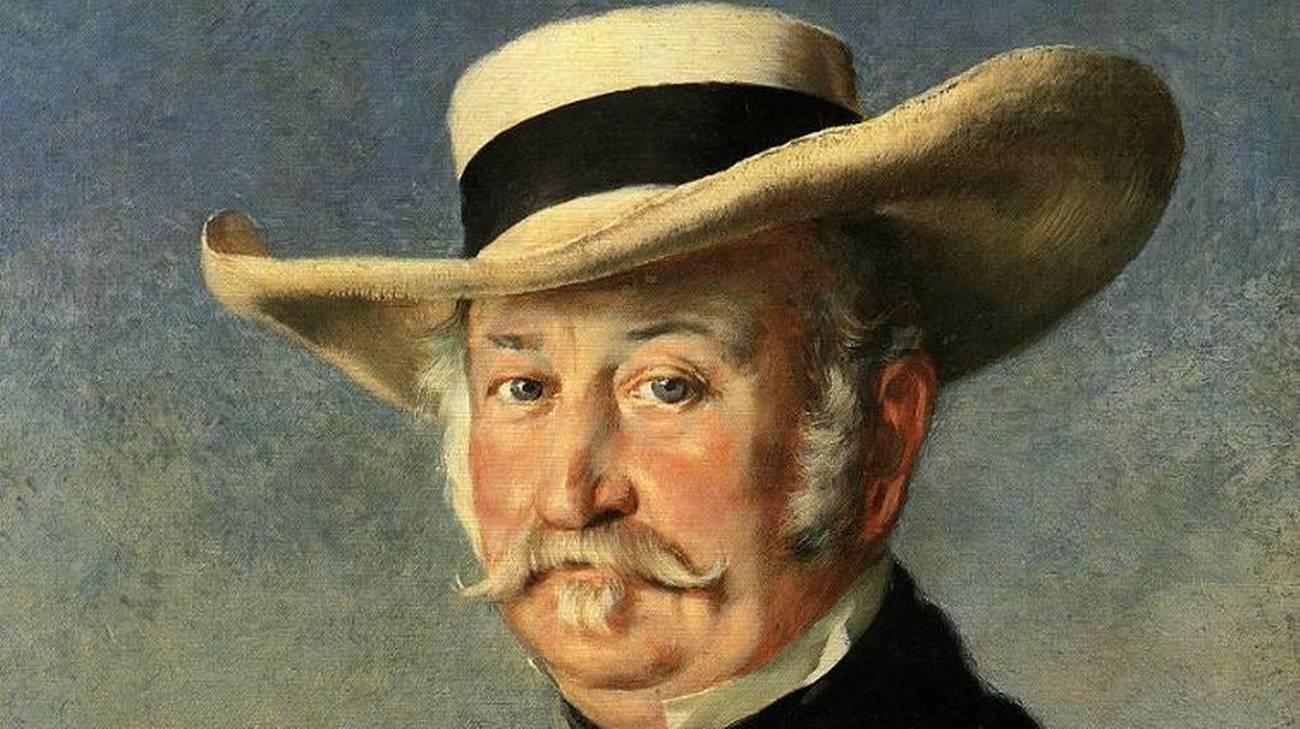 Altes Gemälde mit dem Porträt von John Sutter aus dem Jahr 1866, auf dem er einen grossen Hut trägt