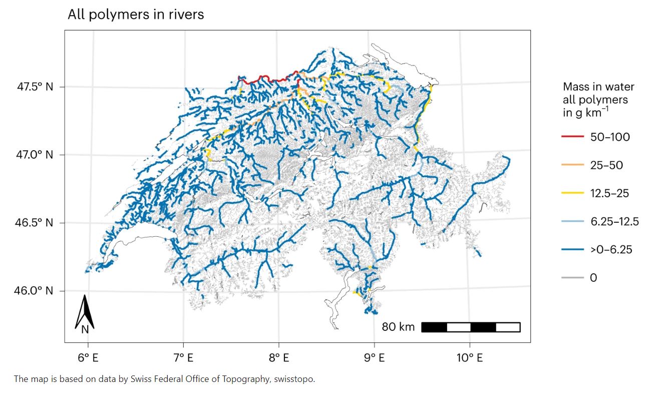 Microplastics concentrations flowing into Swiss rivers and lakes.