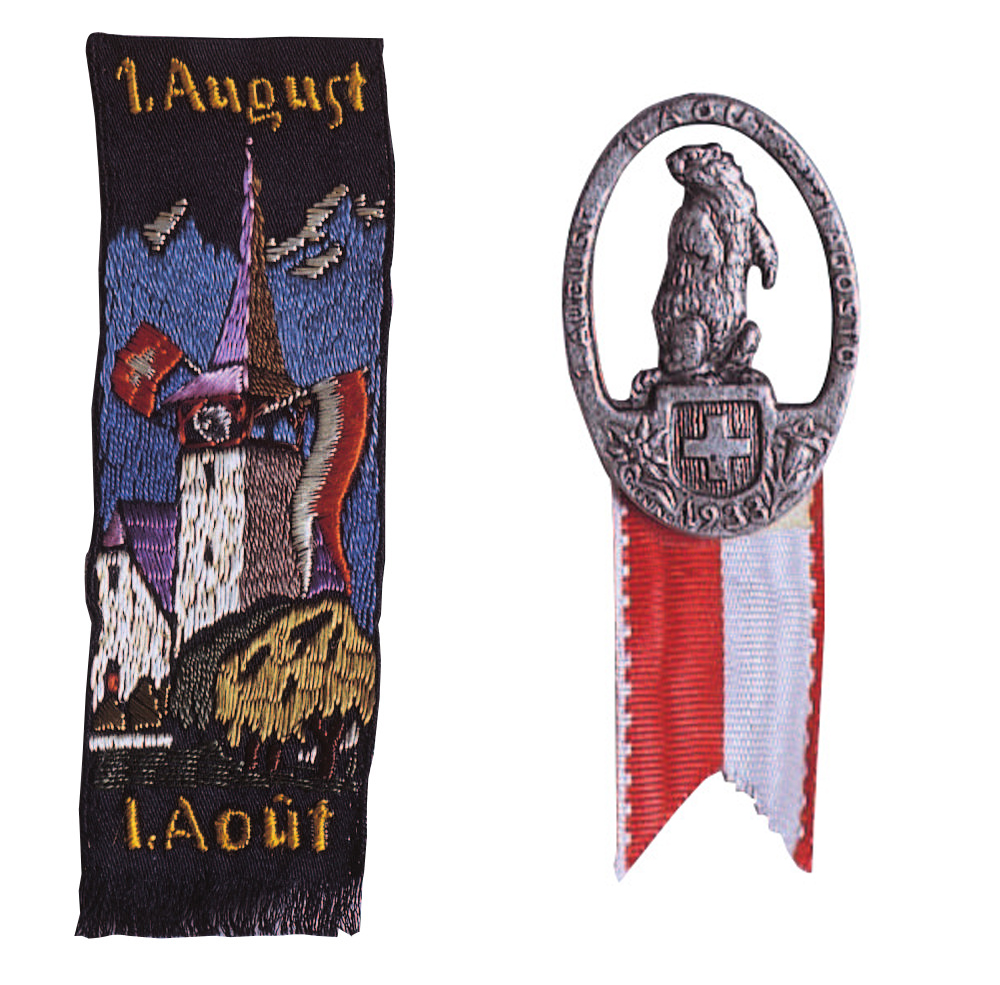 1 embroided emblem depicting a tower and swiss flag, next to a metal badge depicting a beaver and the date 1933