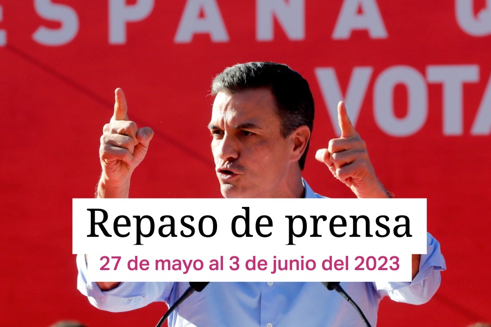 Pedro Sánchez en un meeting político y las letras España vota de fondo.