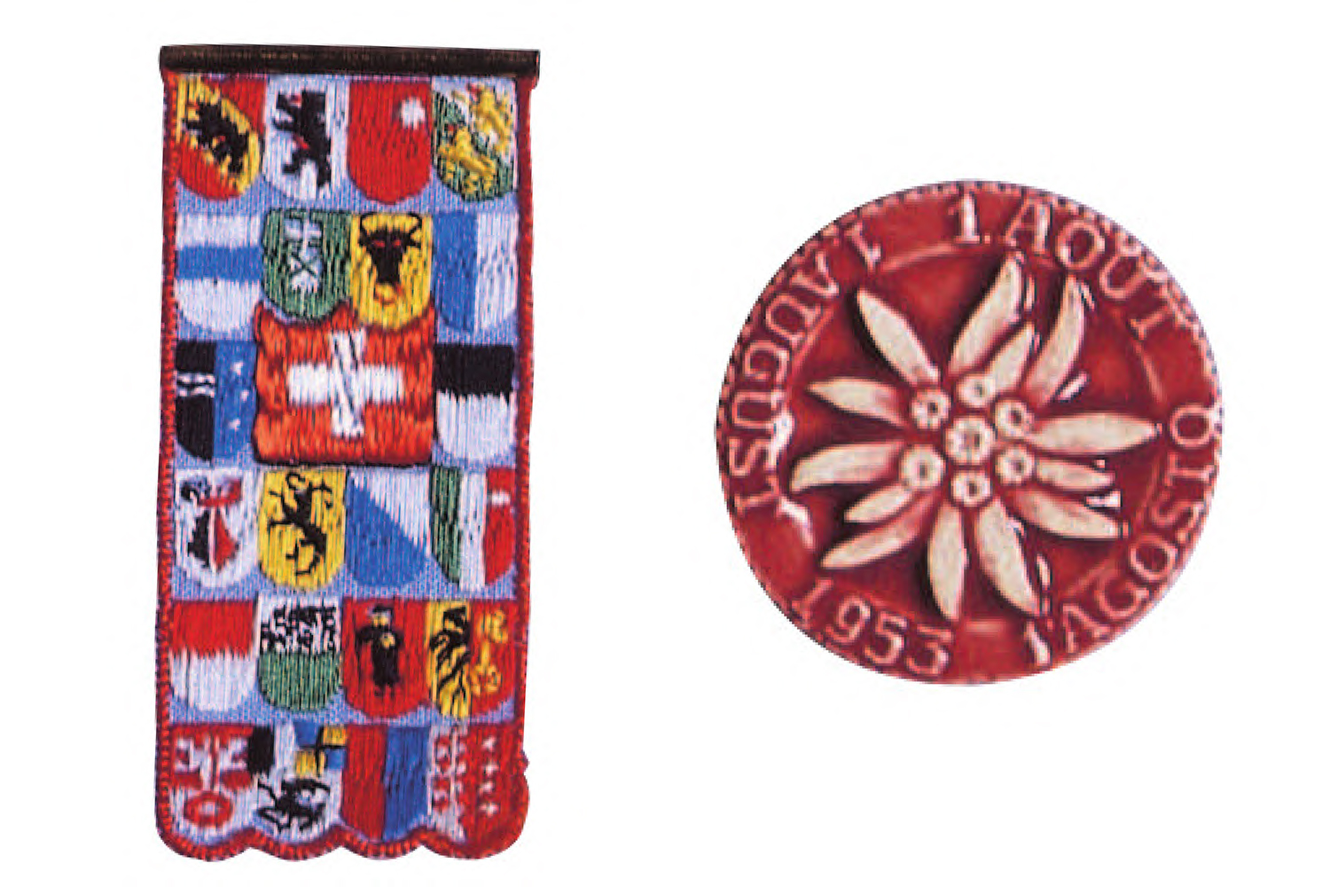 1 emblema cucito raffigurante le bandiere di tutti i cantoni della Svizzera e 1 raffigurante un fiore di stella alpina