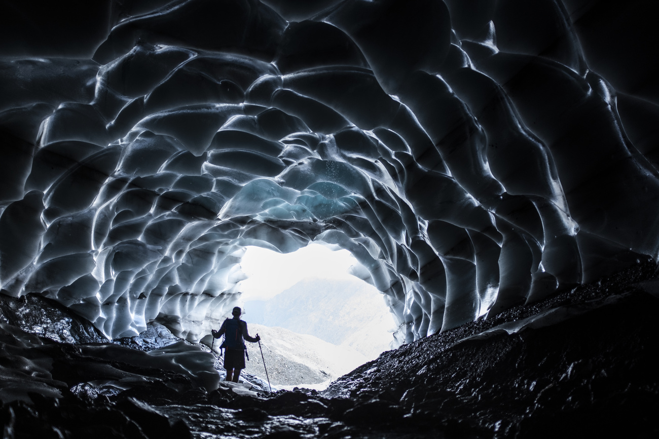 Person walking in glacier
