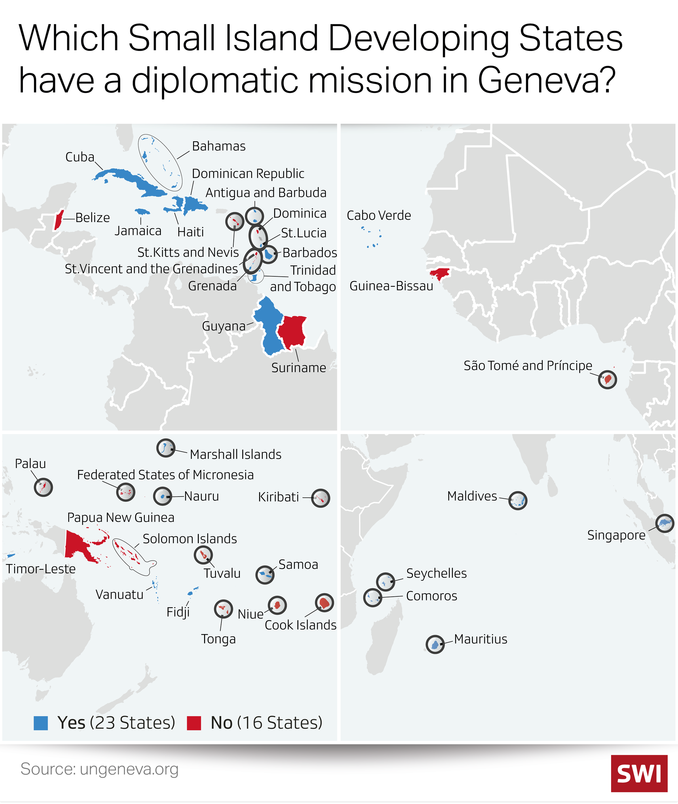 A map showing Small Island Developing States which have a diplomatic mission in Geneva and those that don t