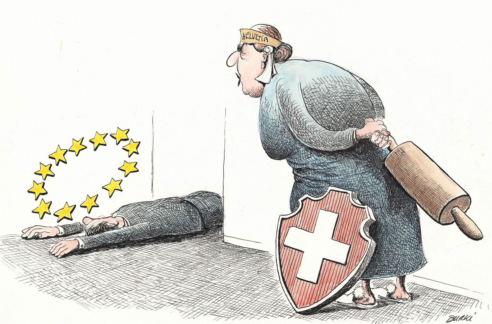 Caricature montrant la Suisse assommant l Europe avec un rouleau à pâte