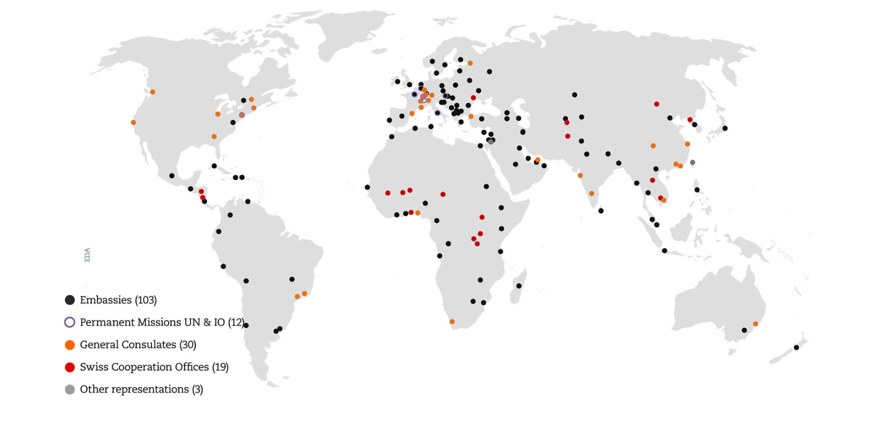 Switzerland s foreign missions on a world map of the Department of Foreign Affairs.
