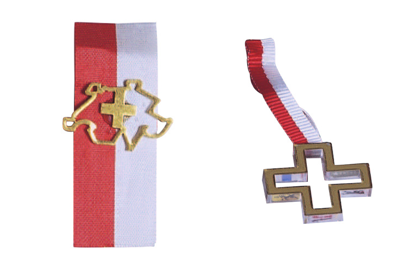 2 red and white emblems with a metal cross and the other a metal outline of Switzerland