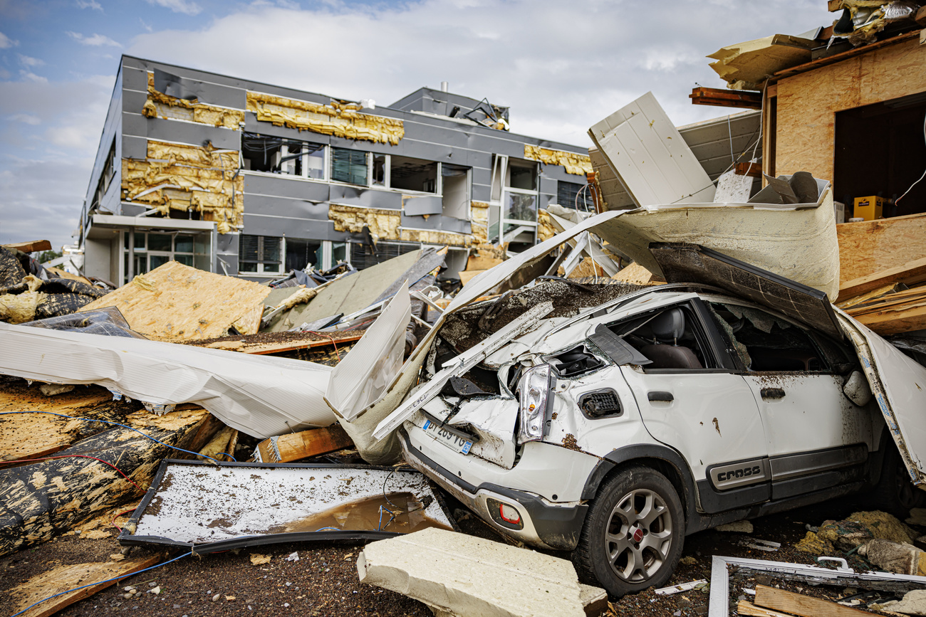 Torn out industrial buildings are pictured after violent storm