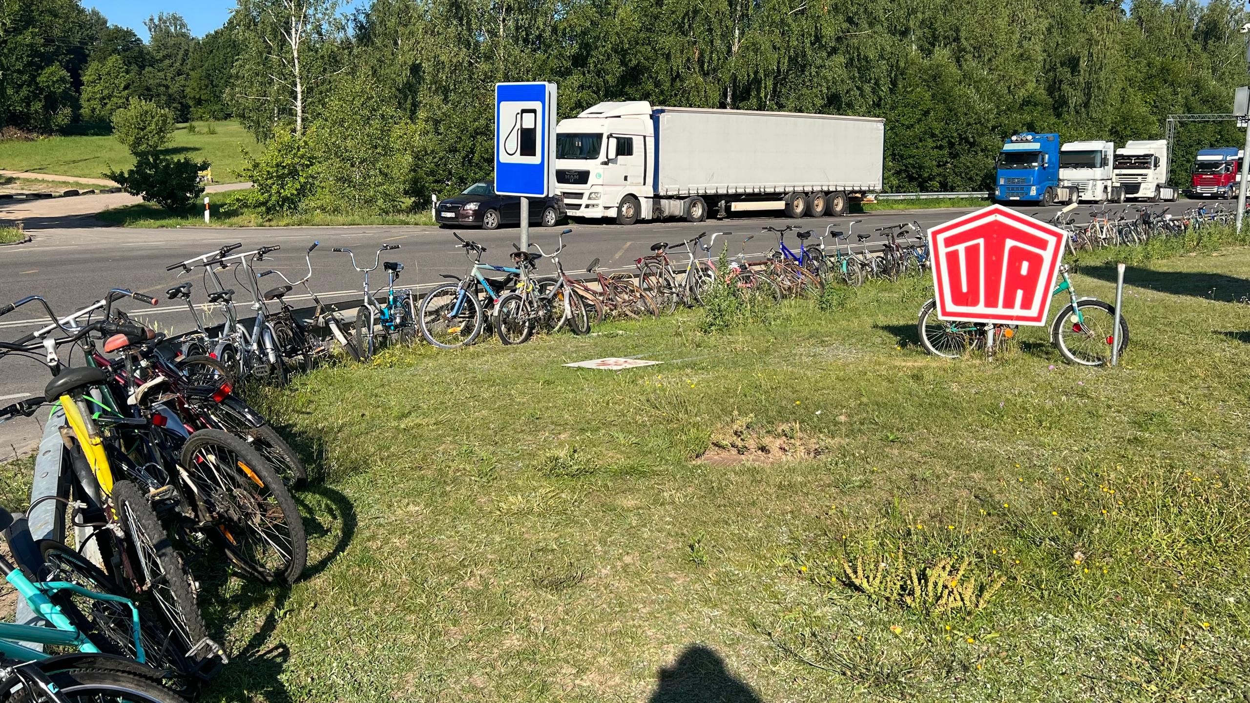 Eine Wiese, etwa 25 Fahrräder, im Hintergrund eine Strasse mit LKWs