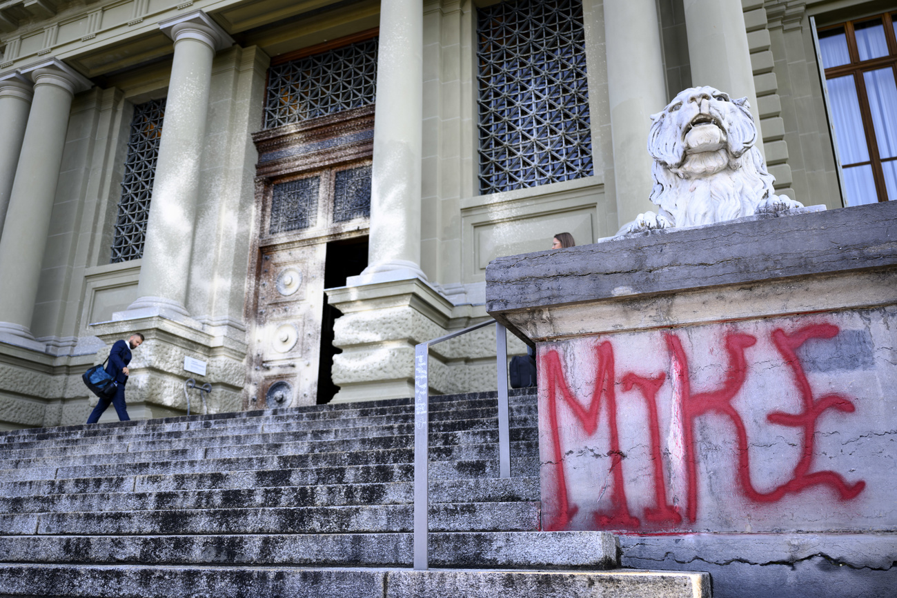 Protestors daub the word Mike on the Lausanne court