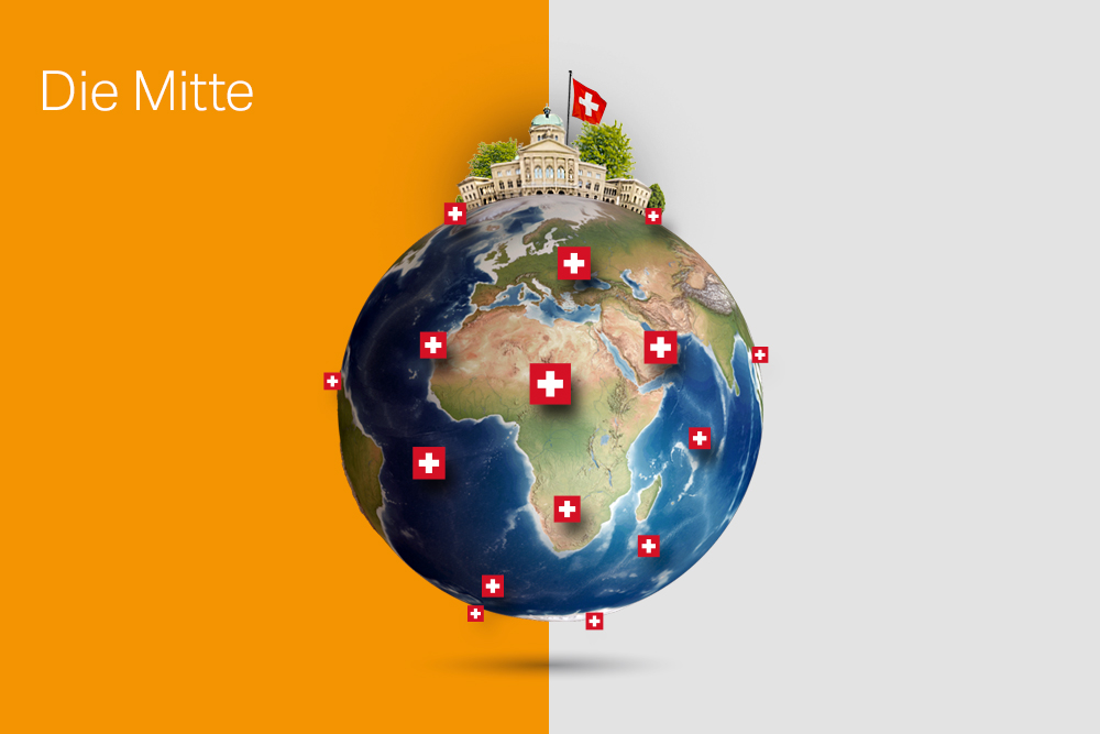Logo Parteiencheck: Die Mitte - mit Weltkugel und Schweizerfahnen