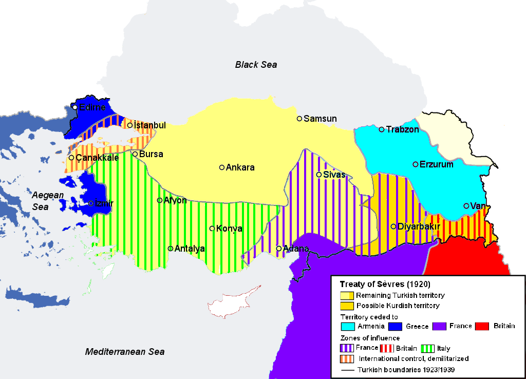 mappa che mostra la suddivisione dell odierna turchia secondo il trattato di sèvres