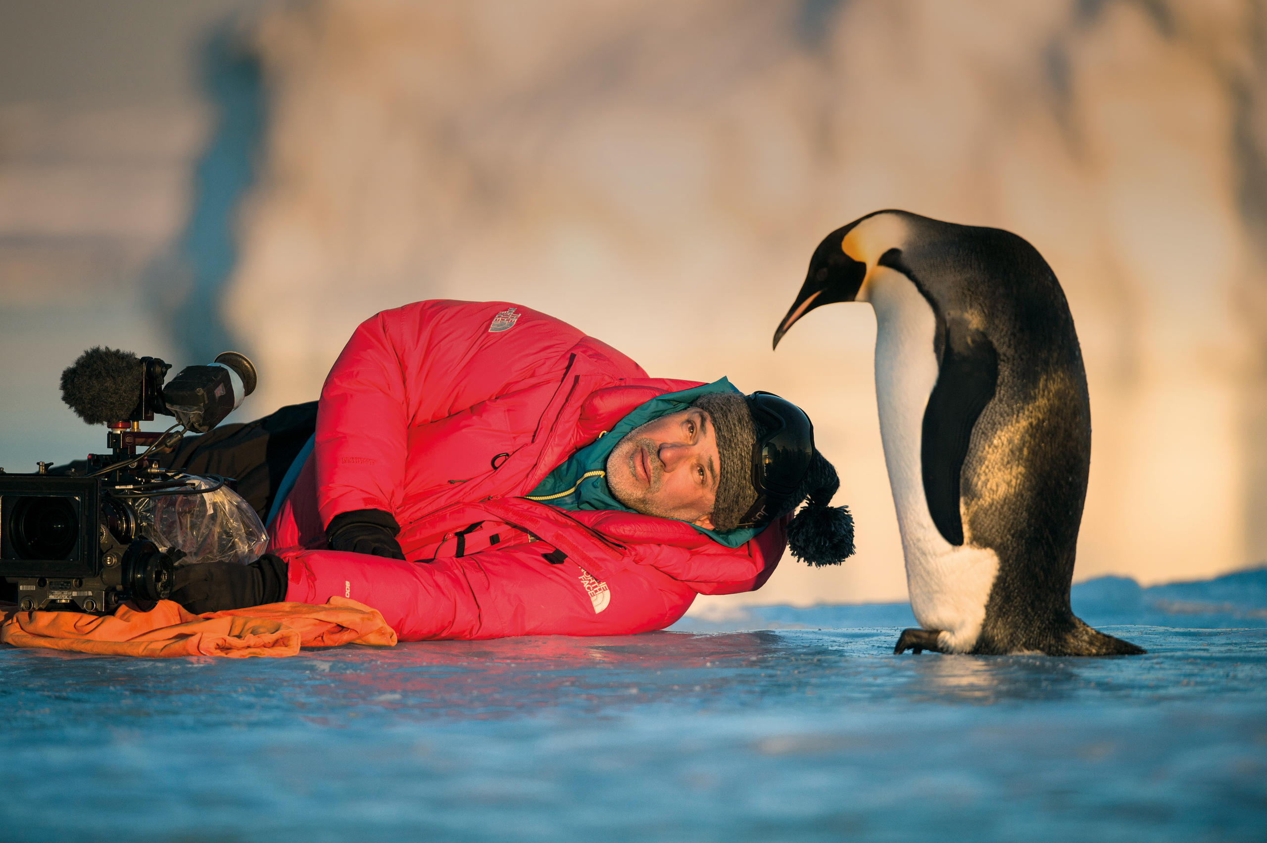 Luc Jacquet allongé sur le sol en train de photographier des pingouins
