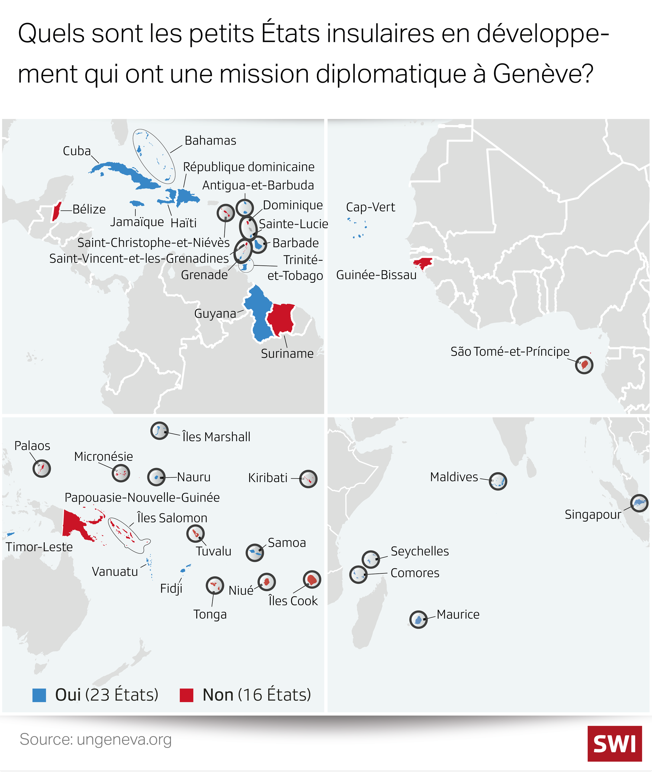 Carte qui montre les pays insulaires disposant d une mission diplomatique à Genève.