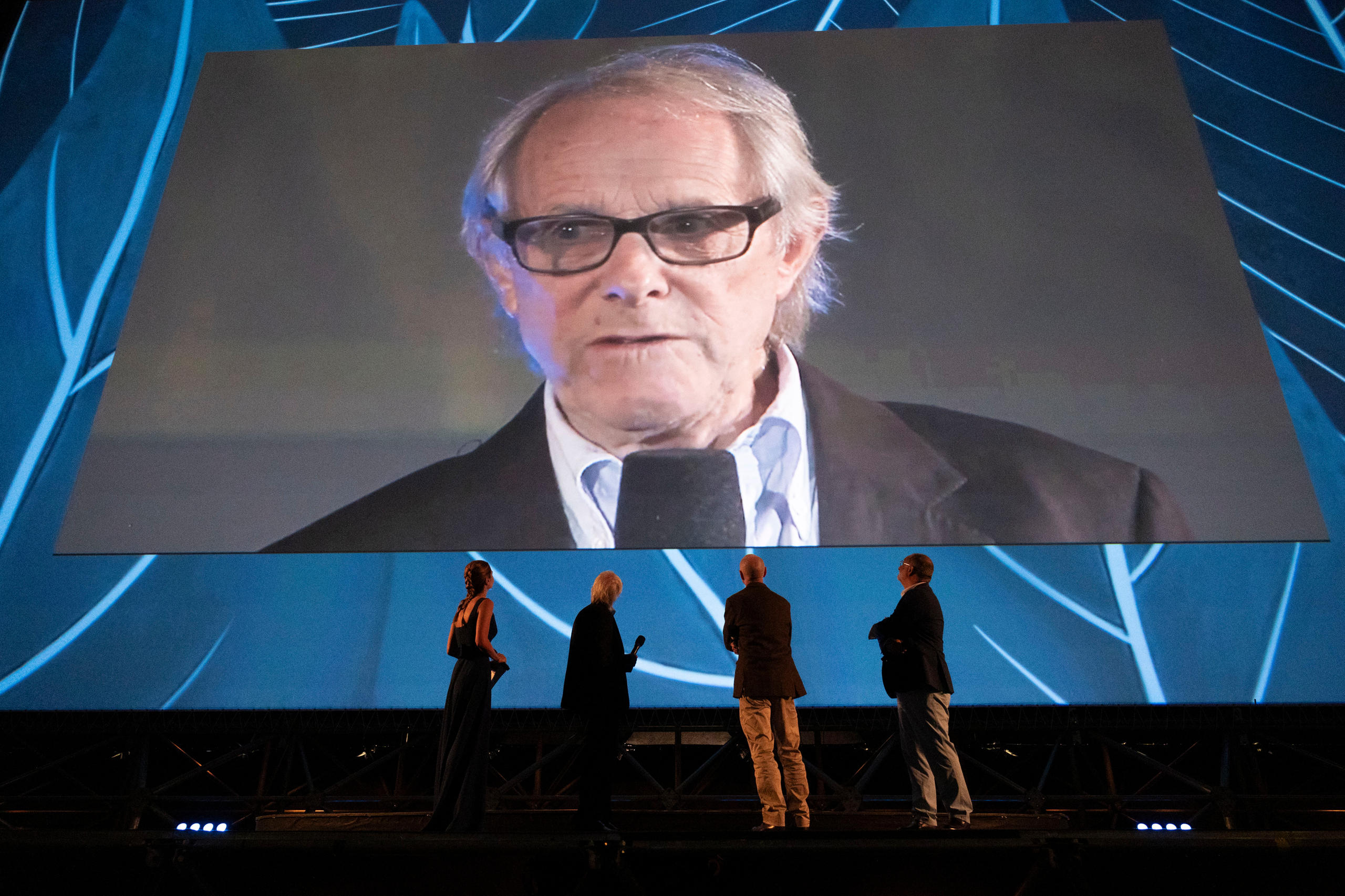 Ken Loach on the big screen of Piazza Grande, Locarno