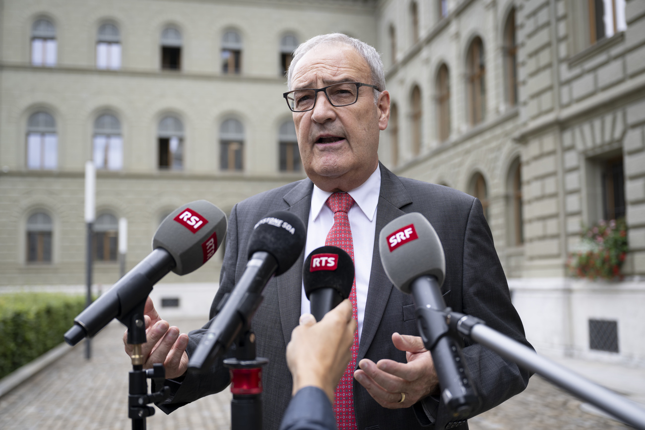 Swiss economics minister Guy Parmelin speaking to media in Bern