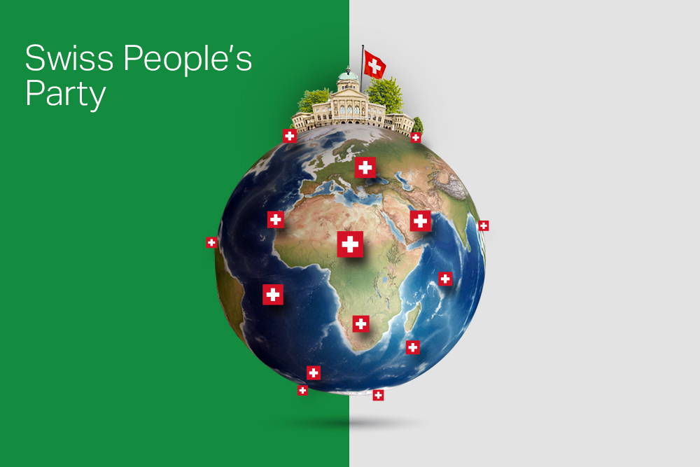 graphic showing a globe with Swiss flags in it, and the words Swiss People s Party