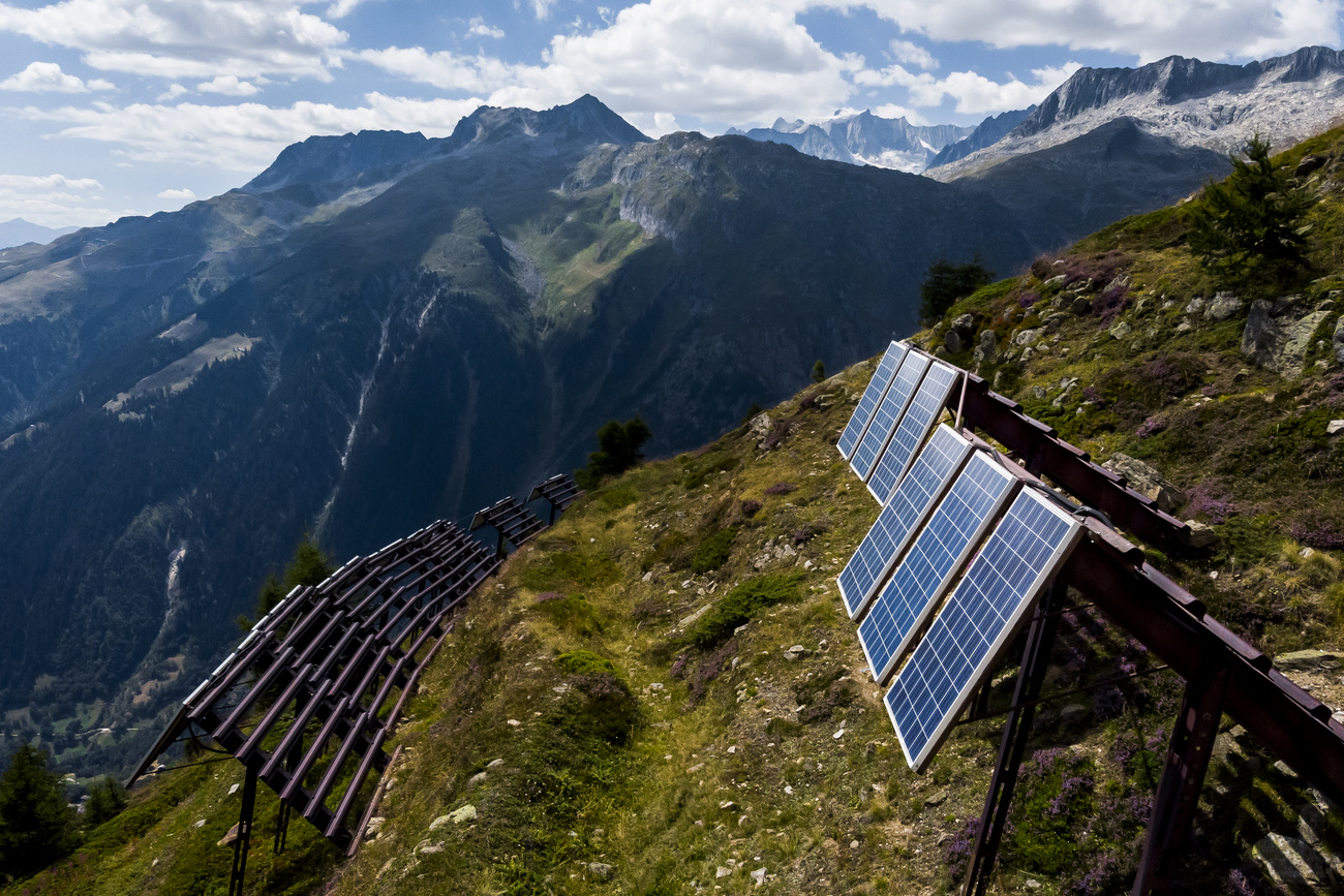Solar panels on a mountain in the Alps.