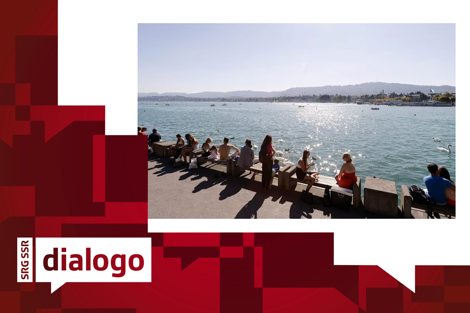 Menschen sitzen am Flussufer