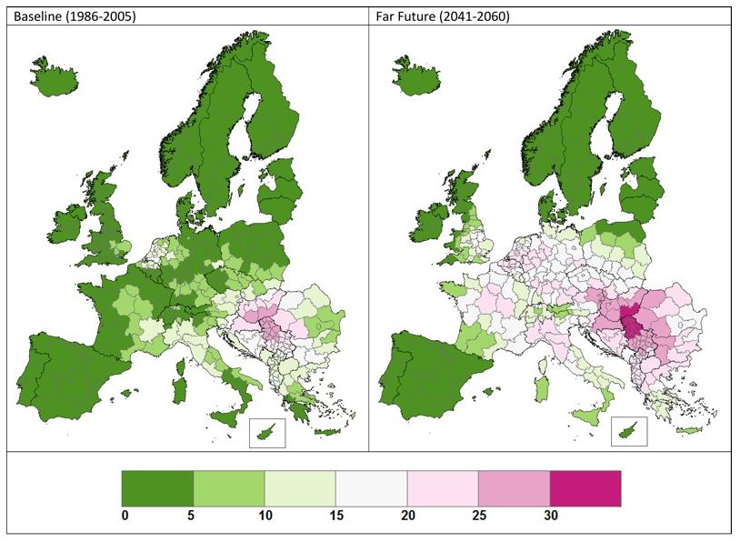 خريطة لأوروبا توضح تطور النسبة المئوية للسكان الذين يعانون من الحساسية تجاه حبوب لقاح النباتات.