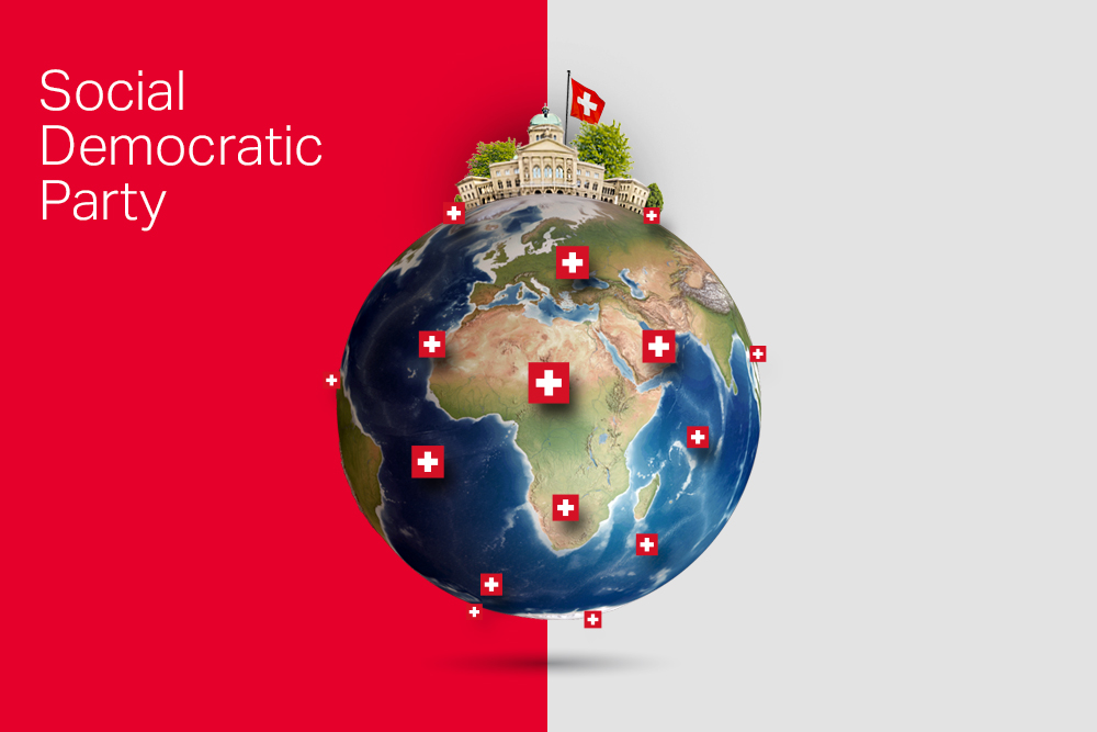 Image of globe with Swiss flags