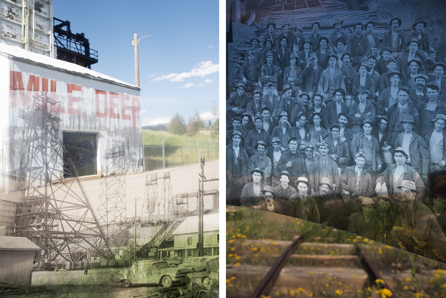 Two photos showing a mine scenery and miners