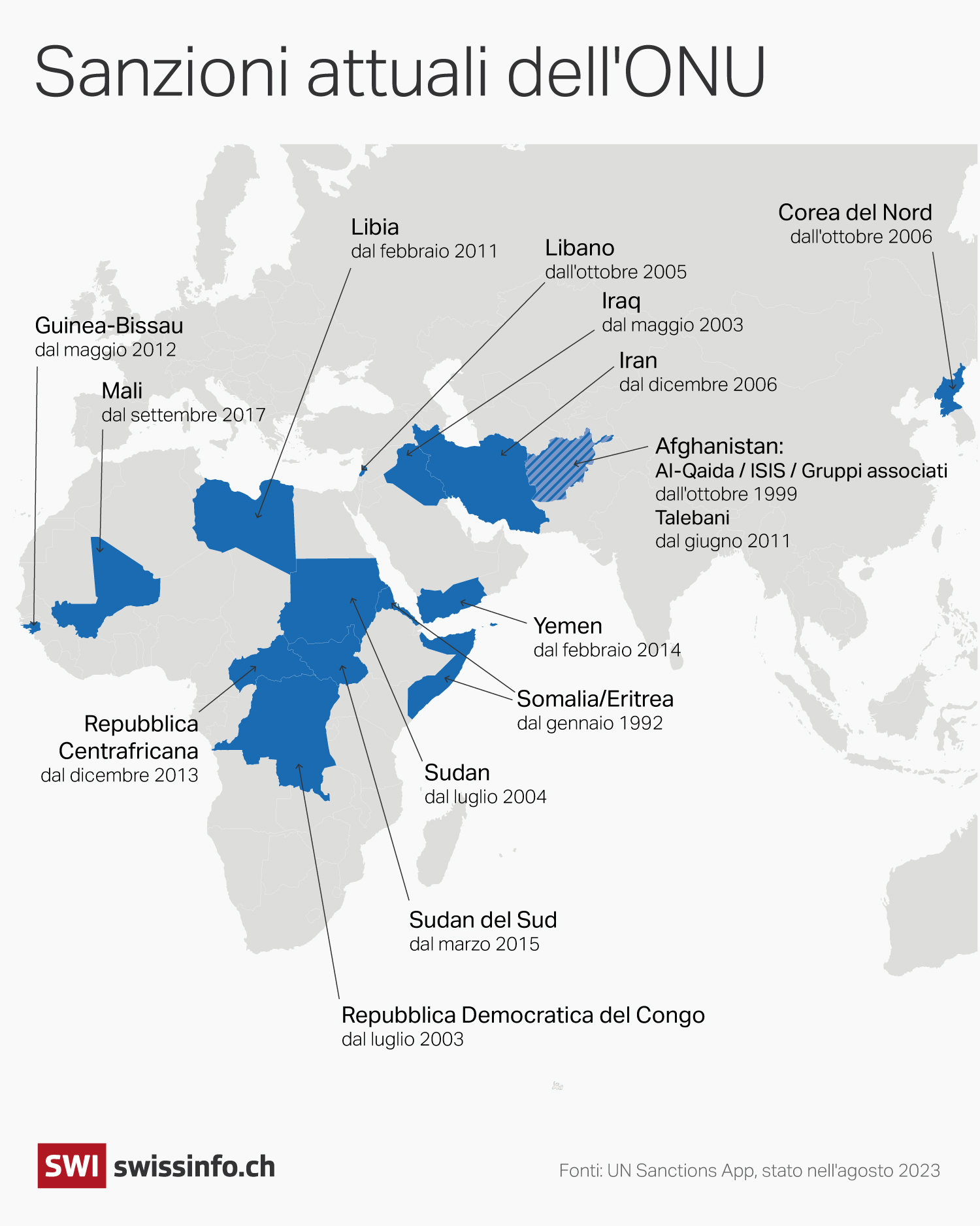 mappa del mondo che mostra quali paesi e da quando sono sottoposti a sanzioni dell ONU