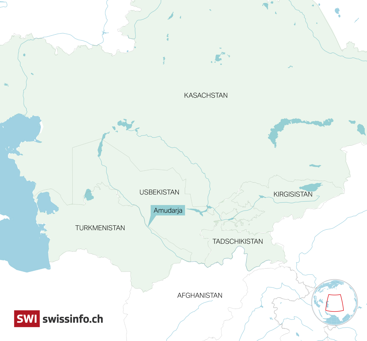 Karte von Zentralasien mit Seen und Flüssen