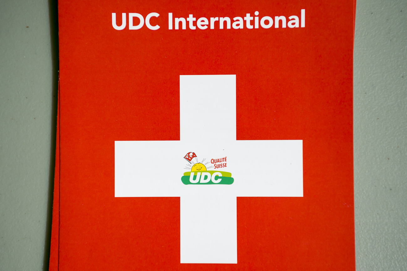 bandiera svizzera con logo dell UDC internazionale al centro della croce bianca