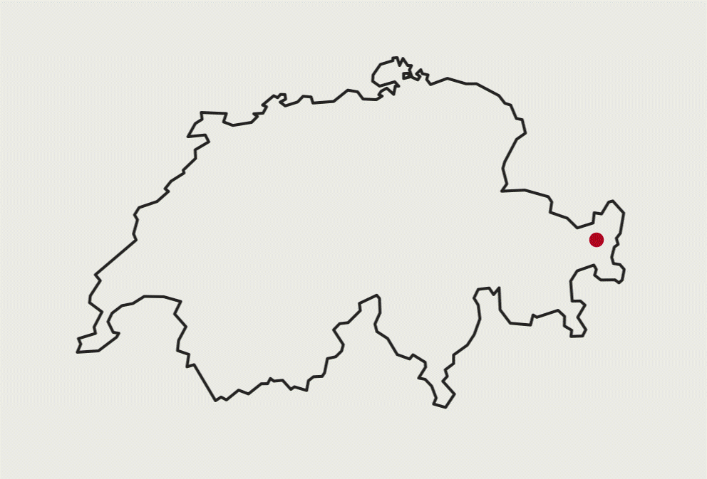 mapa de Suiza con un punto indicando el lugar del Büvetta al este del país