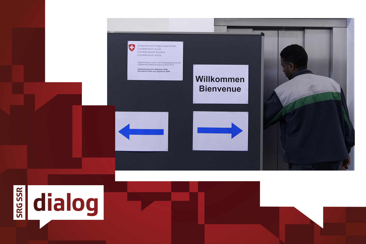 asylsuchender steht vor einem lift