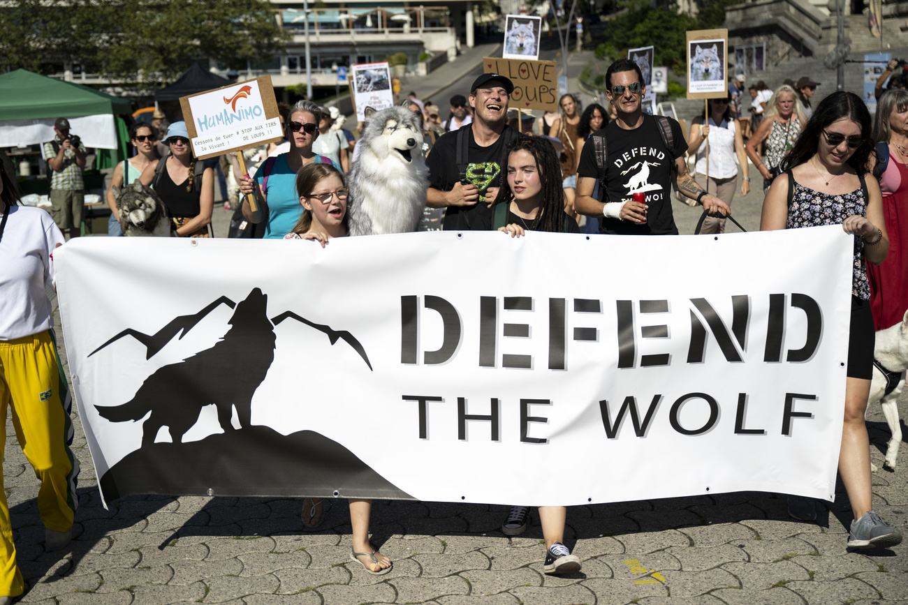 Il corteo con in testa una scritta Defend the wolf.