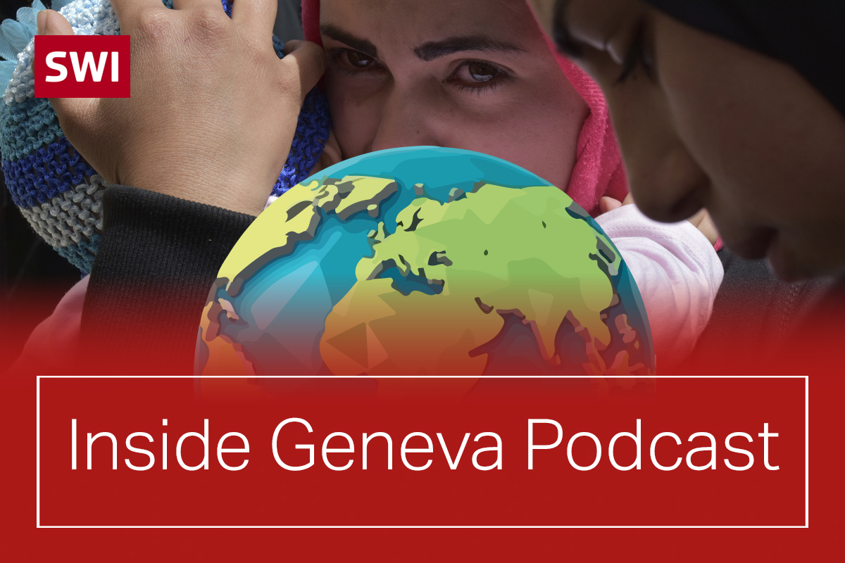 Picture of Syrian women in the background and Inside Geneva Podcast logo