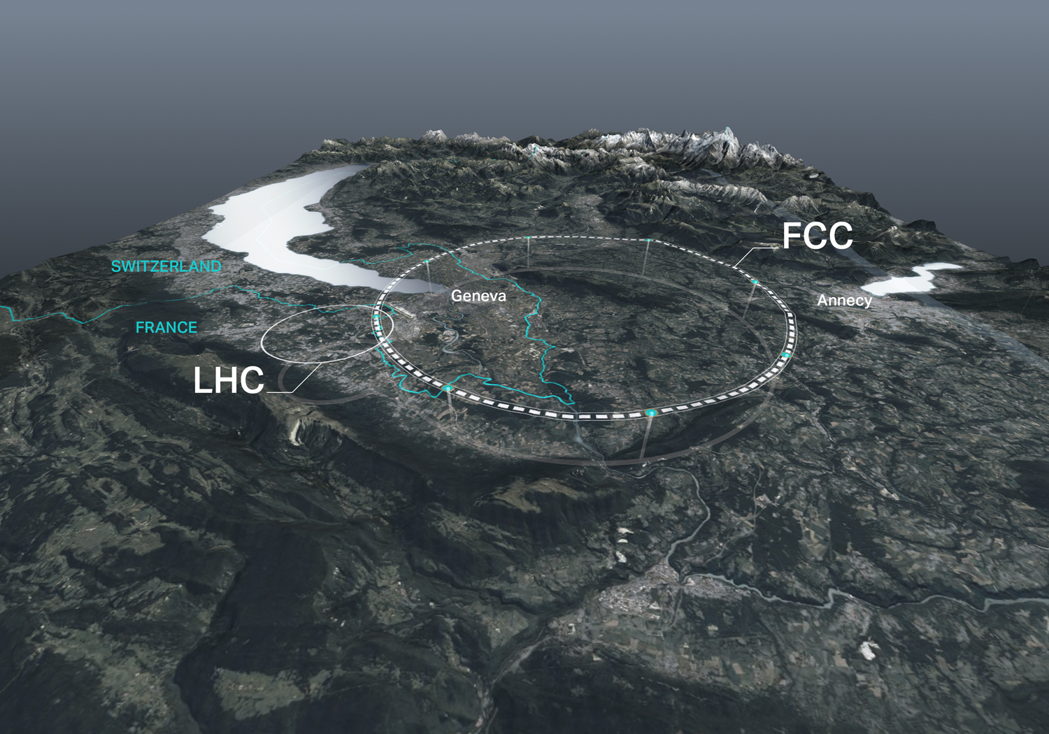 Mapa con dos círculos que muestran lo que ocupan los dos colisionadores de partículas, el FCC y el LHC