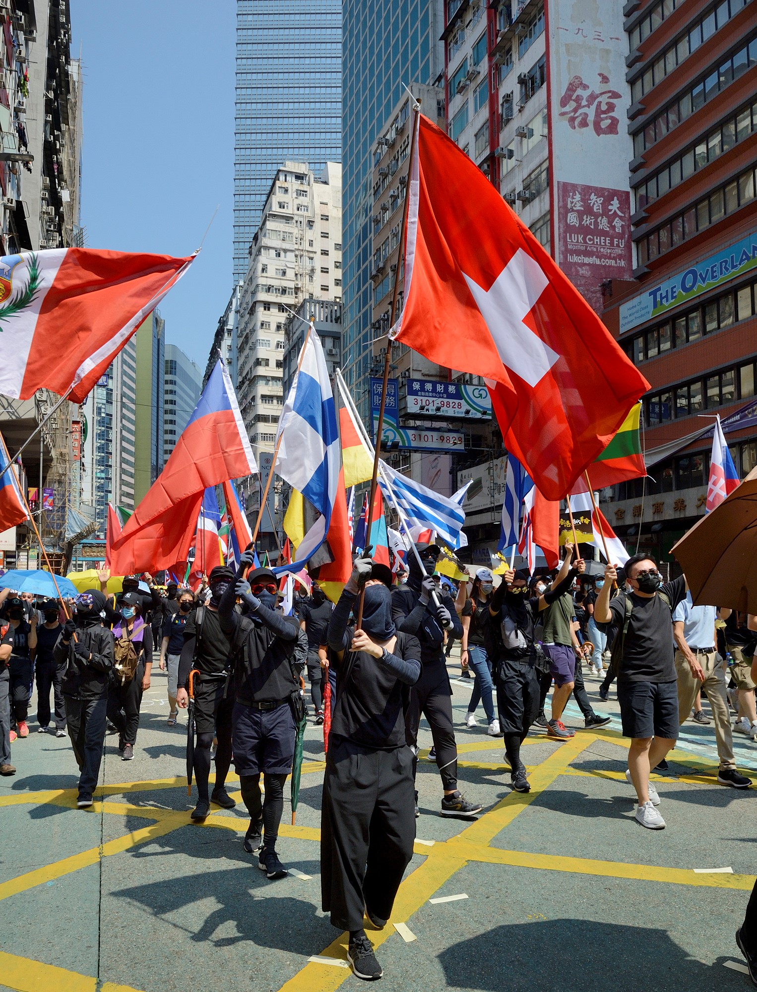 manifestants brandissant des drapeaux