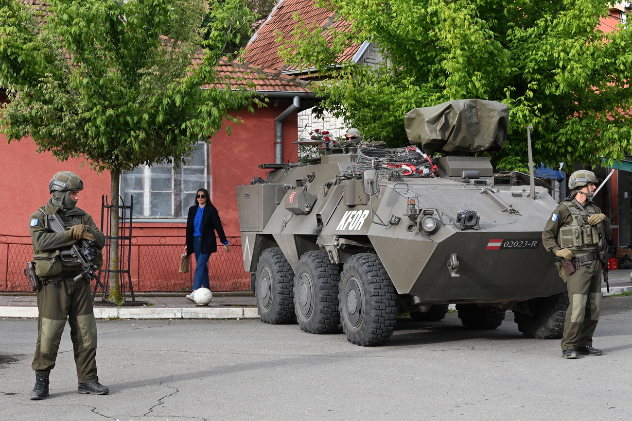 Soldiers of the Austrian contingent of the NATO-led international peacekeeping Kosovo Force (KFOR).