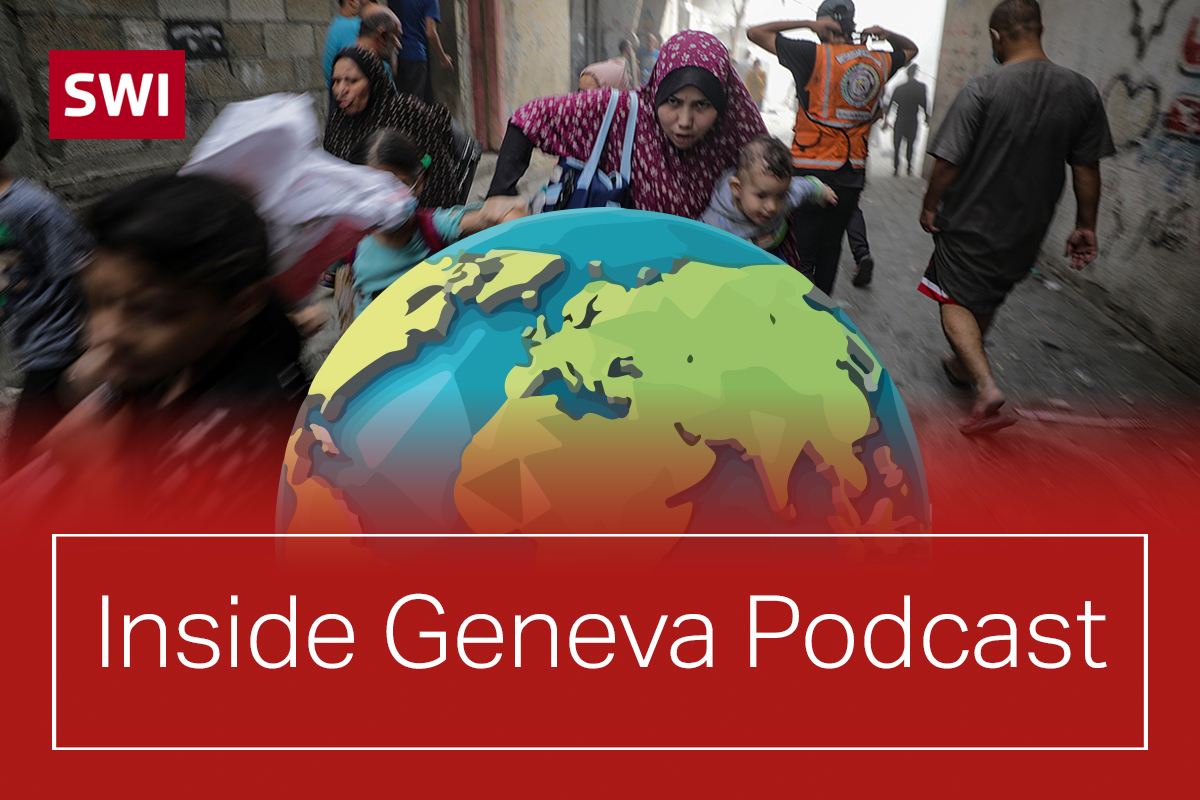 Picture of Palestinians fleeing bombing and Inside Geneva logo