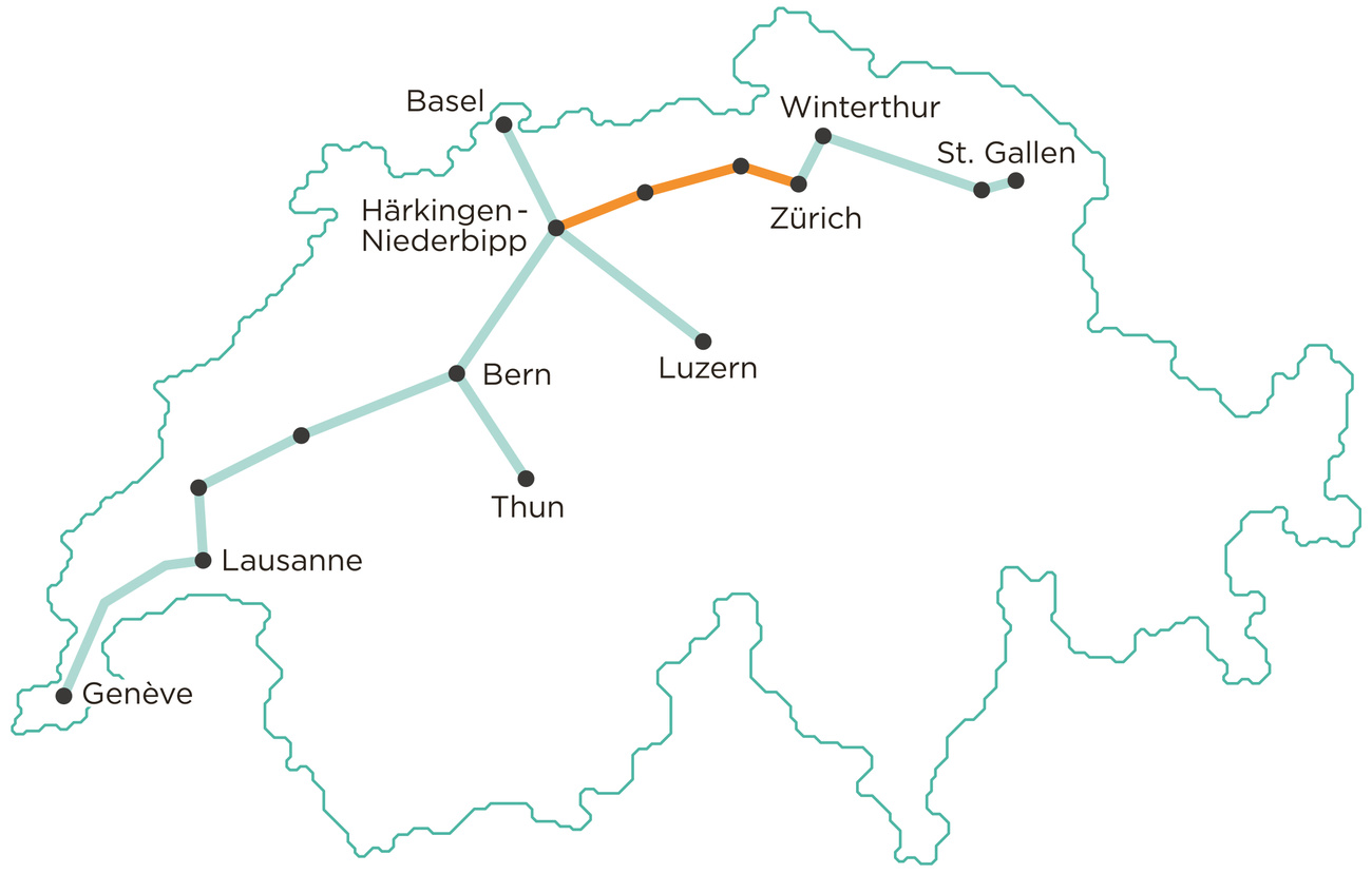 Carte de Suisse montrant un projet de train souterrain