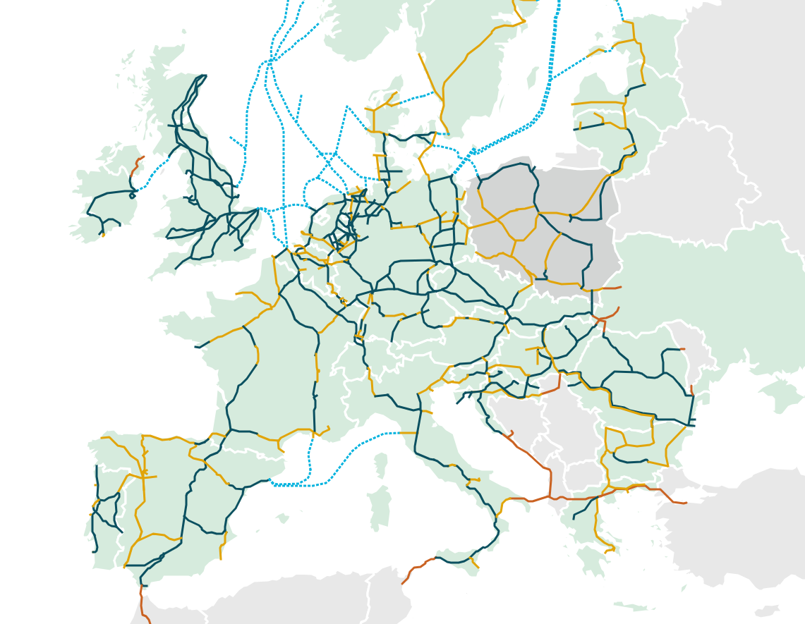 欧州水素バックボーン構想の水素輸送ネットワーク（濃い緑色が既存のパイプライン、茶色が新規のもの）