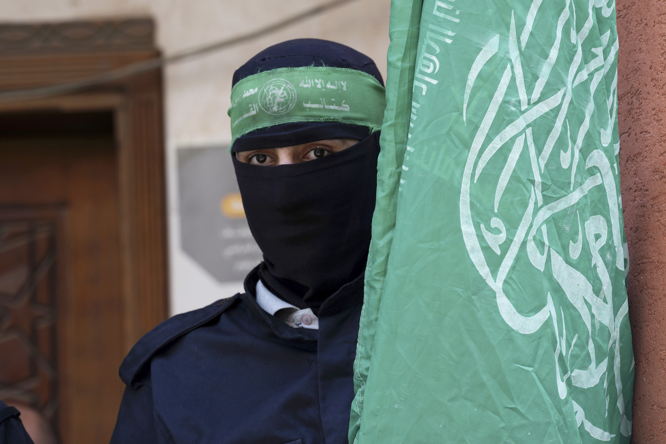persona con volto coperto da passamontagna e bandiera verde
