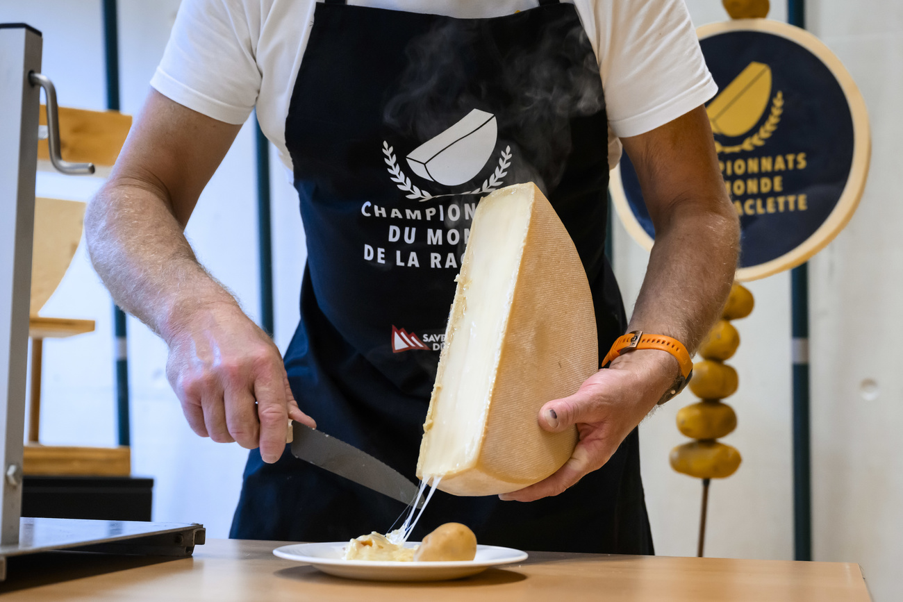 An der Raclette-WM wird der Käse von halben Laiben abgeschabt.