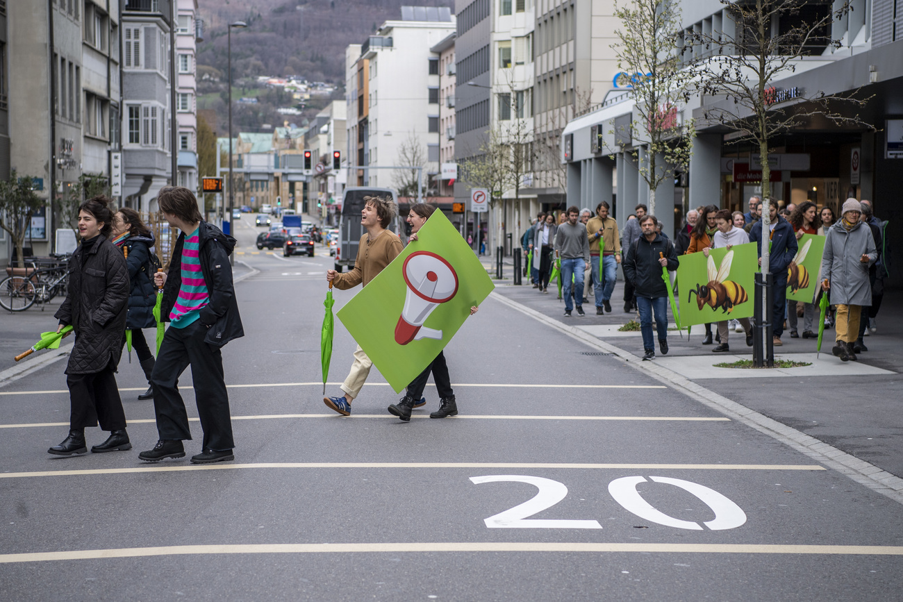 Delegierte der Grünen Partei Schweiz tragen Plakate und queren eine Strasse in einer Stadt