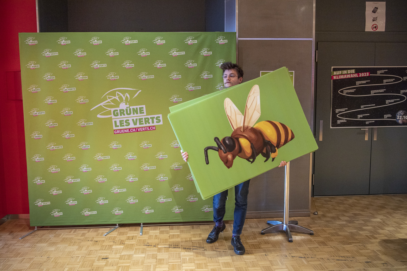 Ein Mann mit einem Bild einer Biene auf einer grünen Bühne