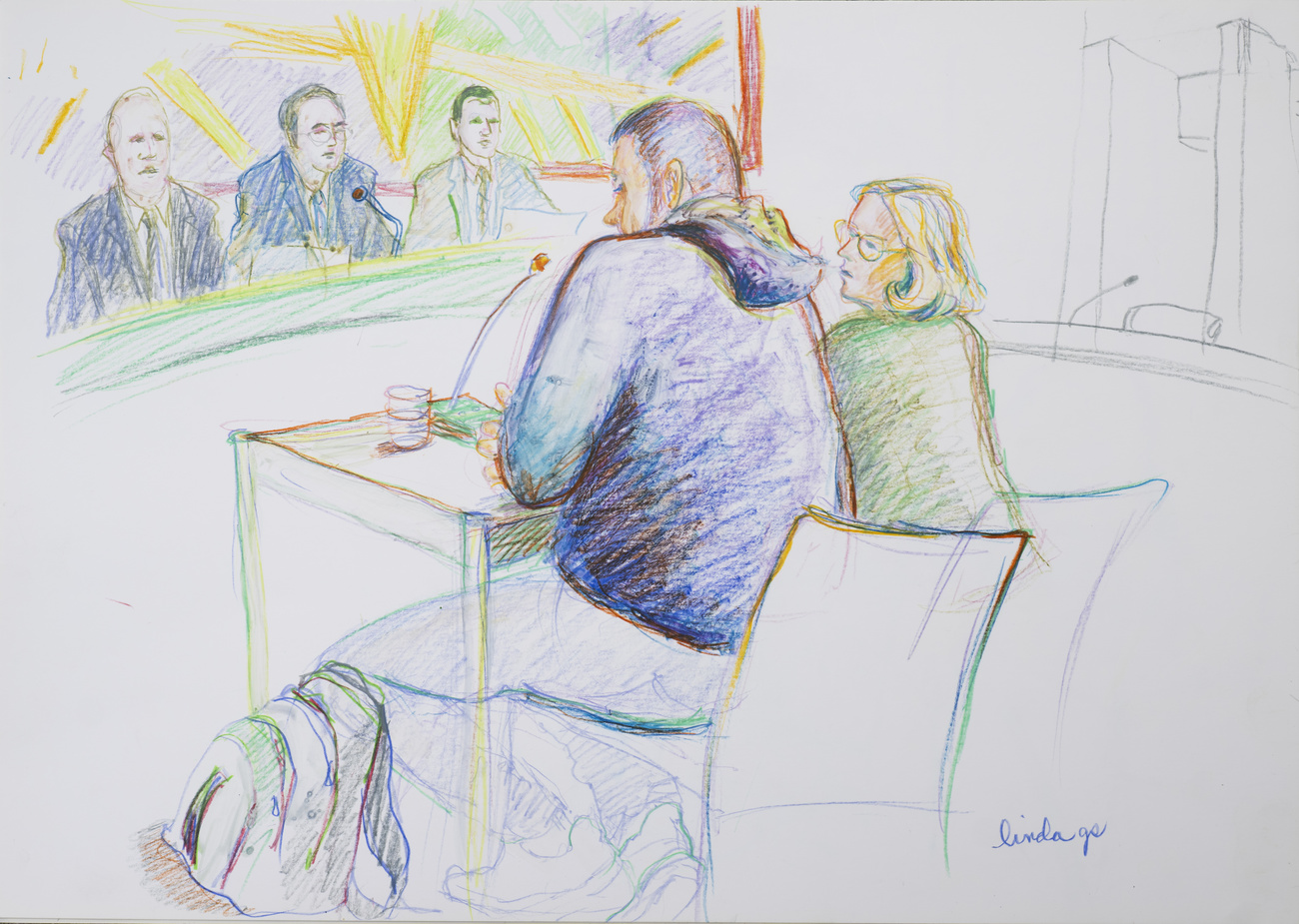 Dessin représentant un accusé dans un tribunal