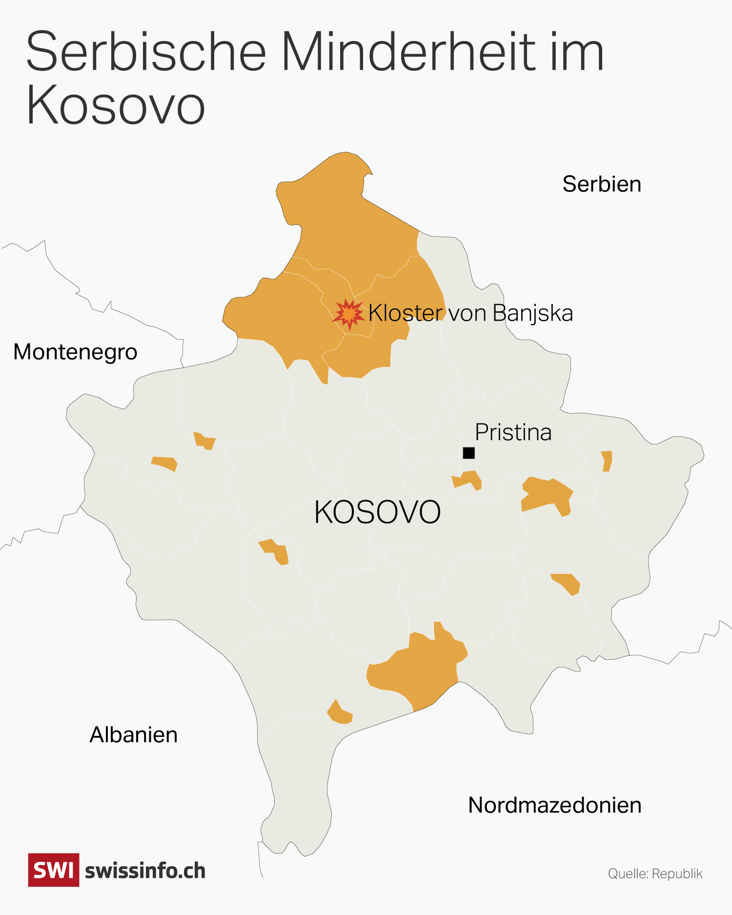 Eine Karte von Kosovo, auf der die serbischen Mehrheitsgebiete markiert sind.