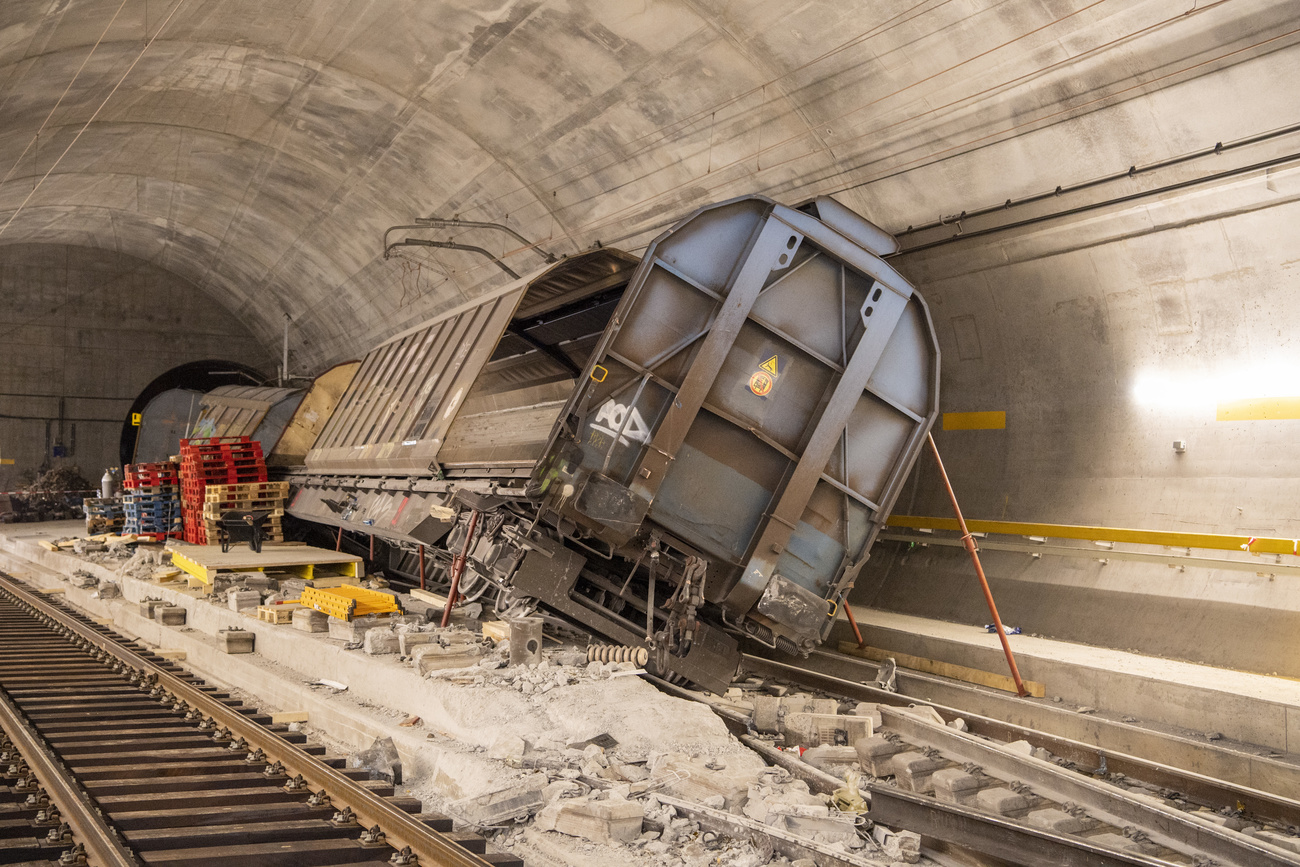 Derailed train inside the Gotthard Base Tunnel.