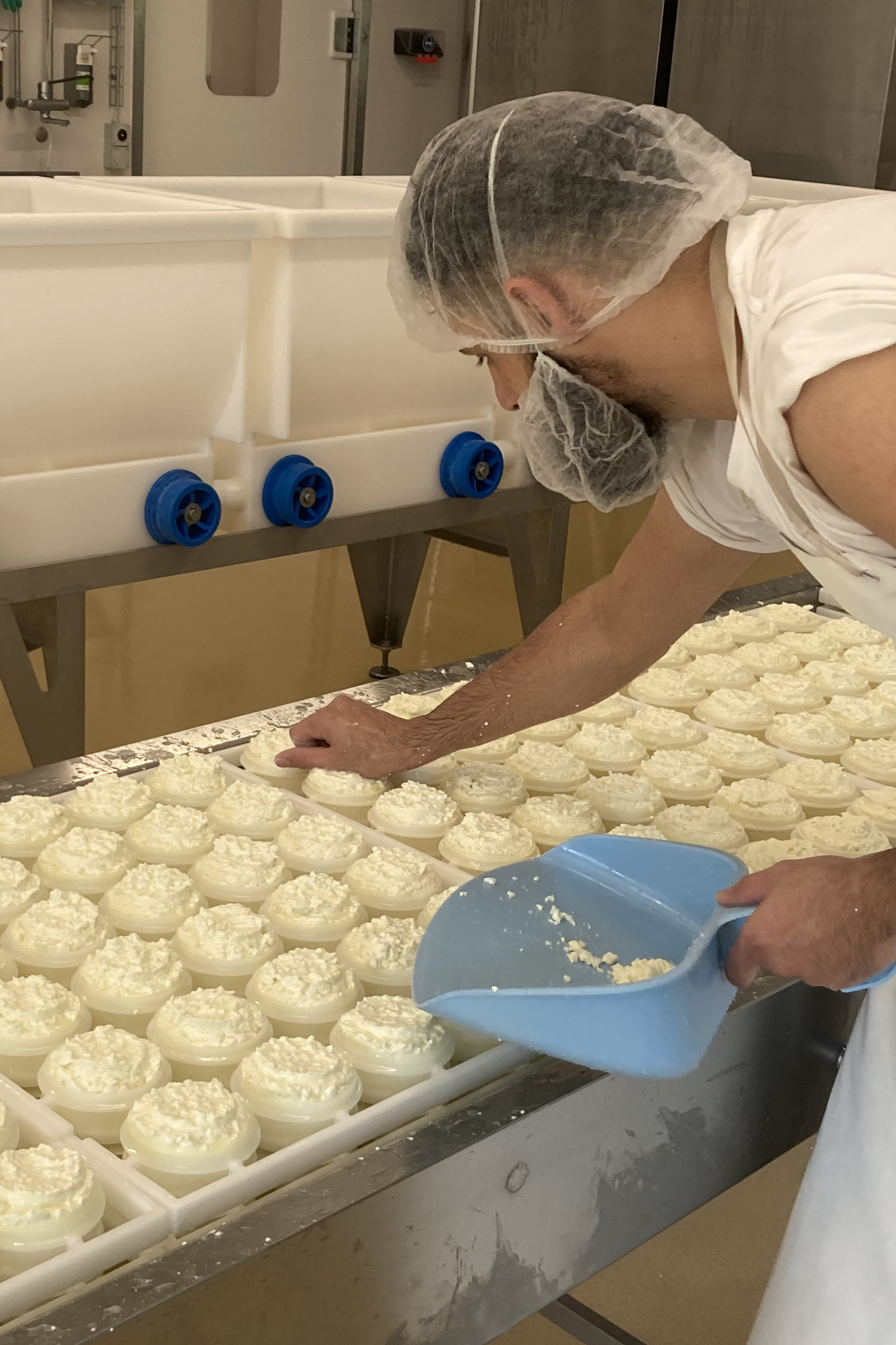 una persona indossa indumenti protettivi durante la produzione di formaggio