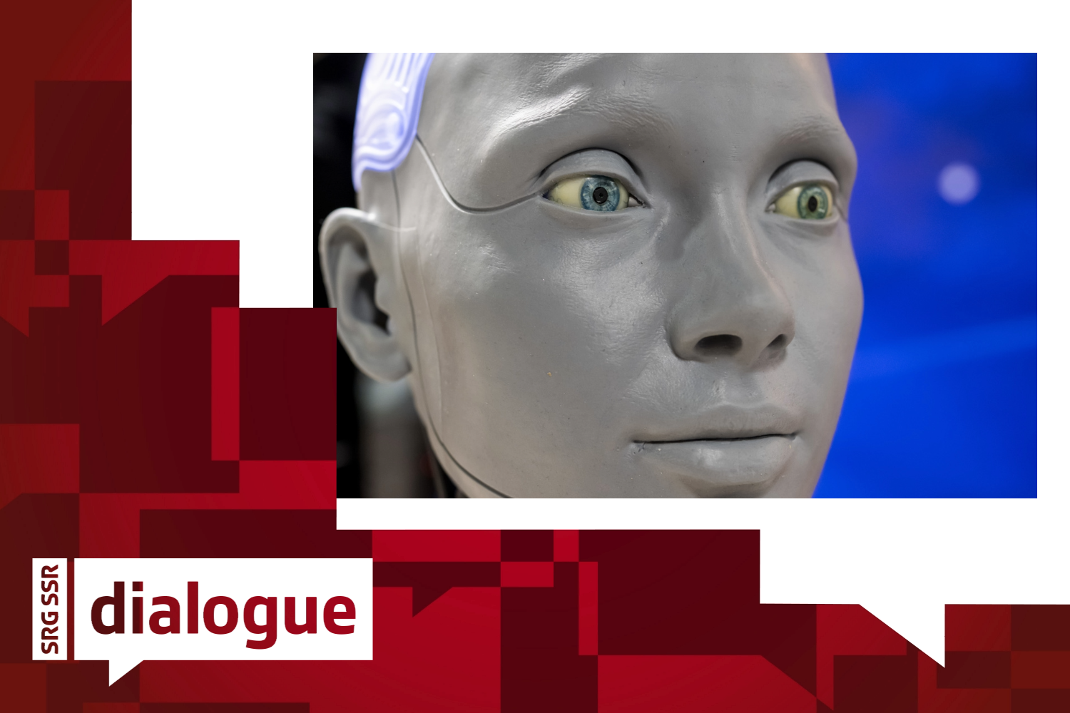 the face of ameca, a robot that works with artificial intelligence, in front of blue background
