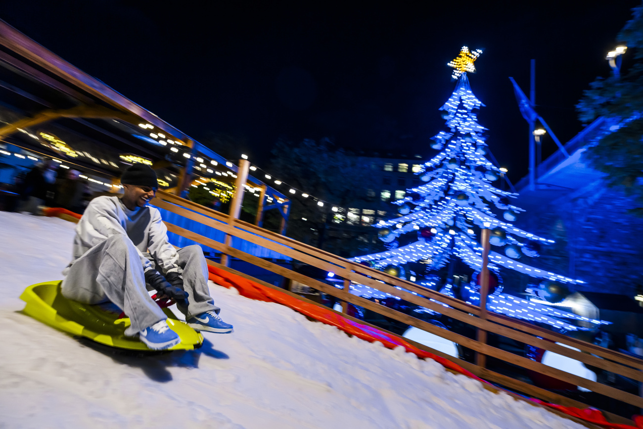 Sledding by a Christmas tree