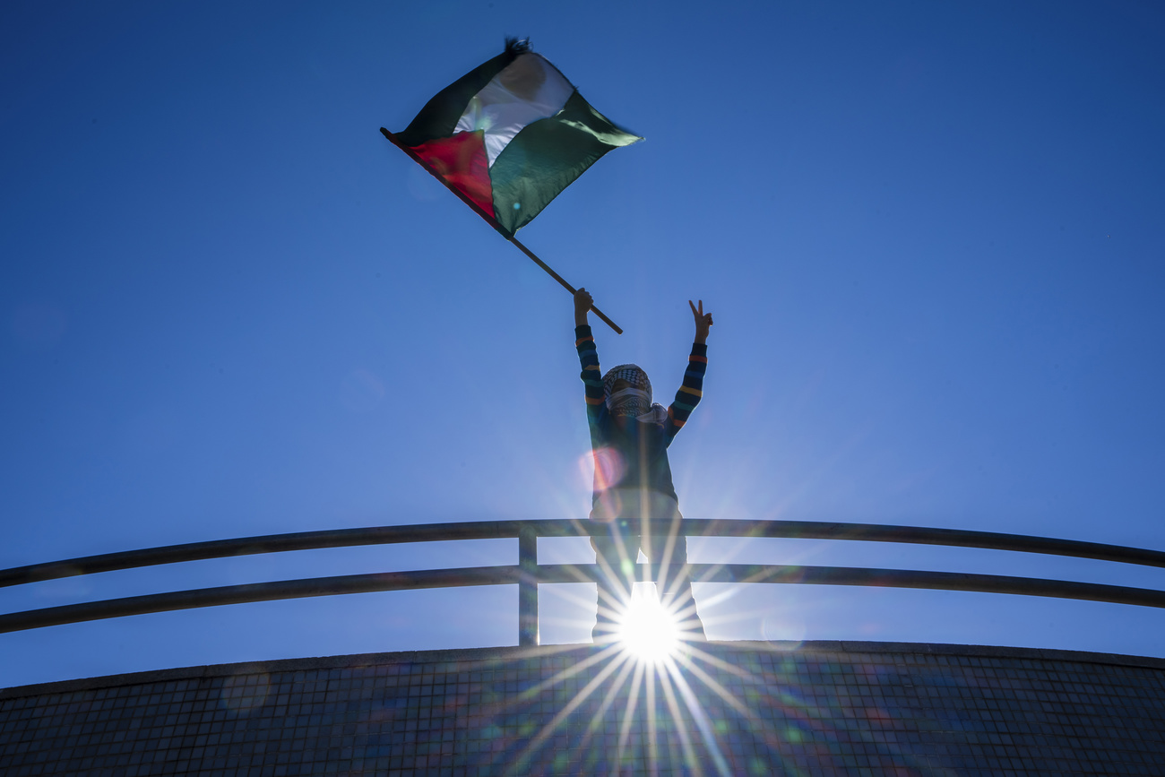 Un bambino con una bandiera palestinese.